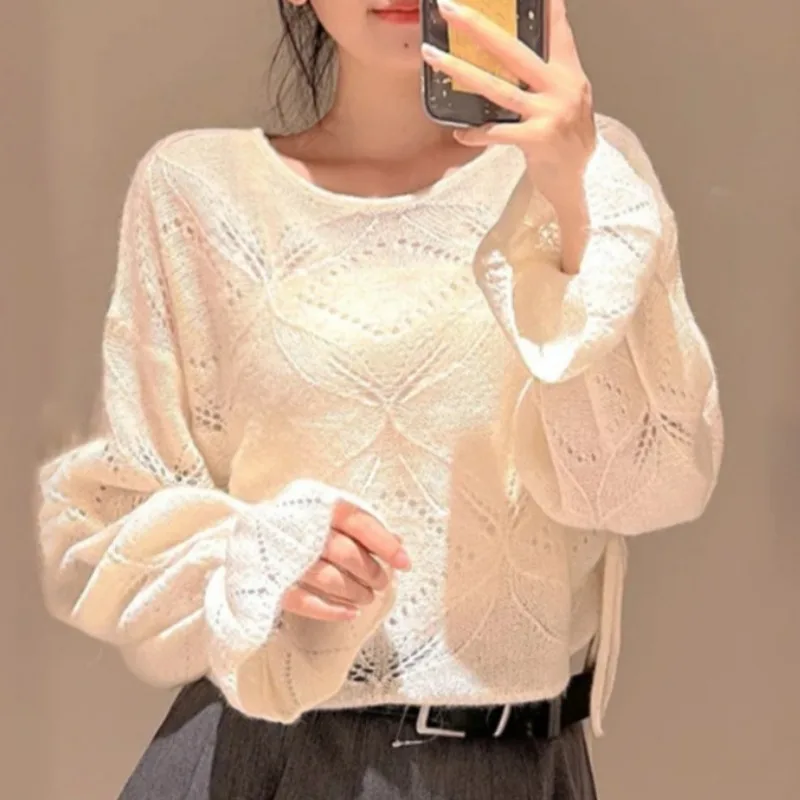 Hollow Out Lace Up 2024 Woman Sweater Japan Outerwears Flare Long Sleeve Ropa Mujer Spring Fall Pullovers Round Neck Sueter