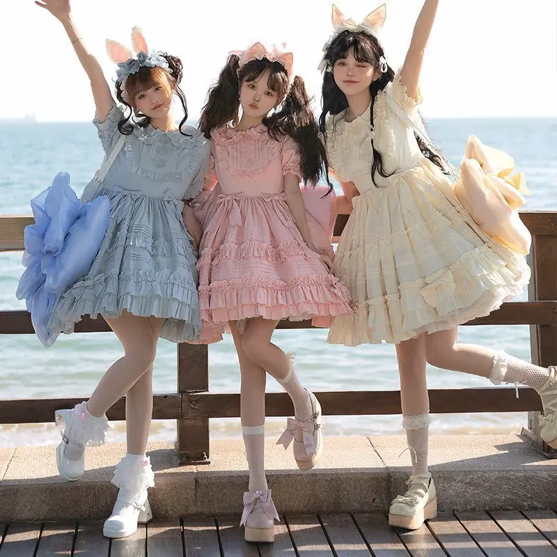 Coalfell Little Ice-cream Spot Solid Color Lolita Dress Female Summer Dress OP Lolita Fluffy Dress Women Back Big Dragtail