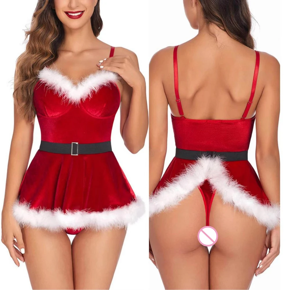 Xmas Party Rave Dress Up Women Christmas Costume Faux Fur Trim Red Flannel Underwired Bra Corset Sexy Bustier Cami Crop Tops