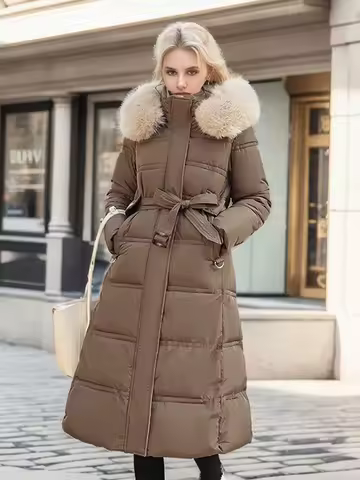 Long Down Coats Women Parkas Hoodies Fur Collar With Belt Thicken Female Outwears Fashion 2024 Winter Fashion Lady Snow Wears