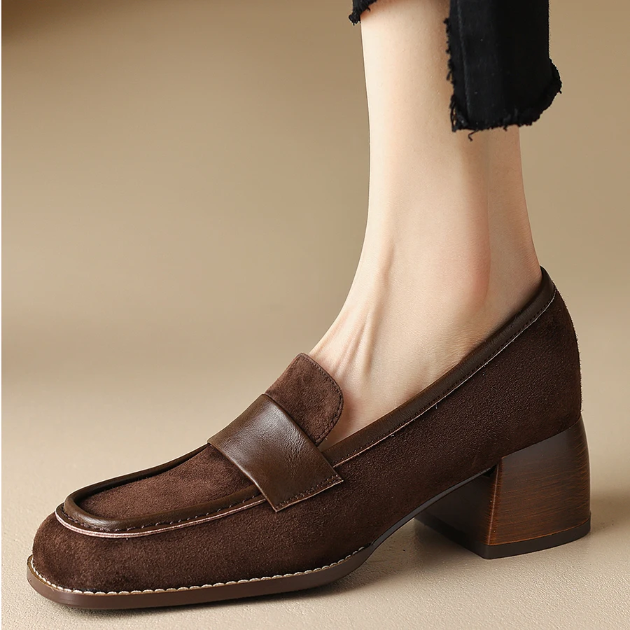 EAGSITY Suede Cow leather penny loafer shoes for women casual leather shoes chunky heel sneaker outdoor footwear