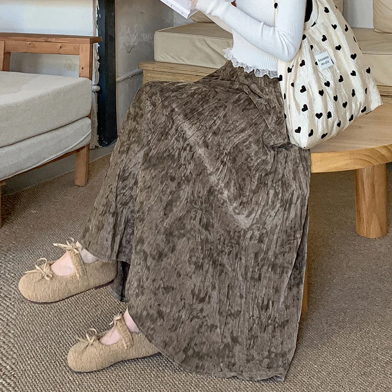 Seoulish Herbst Winter Woolen frauen Regenschirm Lange Röcke 2025, Neue Lose Vintage Floral Gedruckt Plissee A-linie Röcke Weibliche