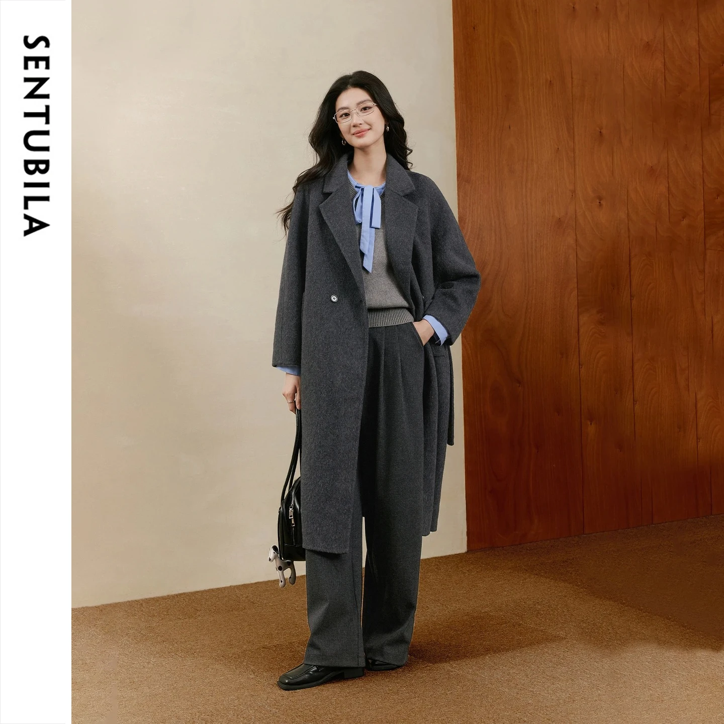 SENTUBILA Women's Double Faced Wool Coat Winter 2026 Notched Lapel Elegant Long Overcoat Wool Blend Commuter Outerwear W64OA8093