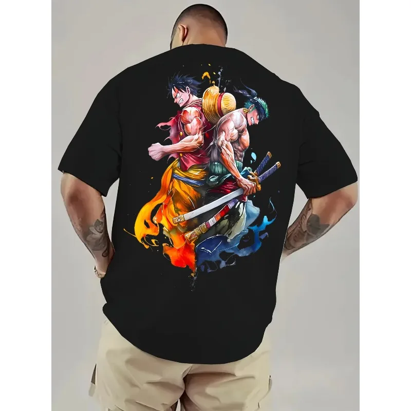 EEN STUK 2025 Zomer heren T-shirt Straat Animatie Terug Print Vlam Aquarel Ontwerp Casual Losse Versie Grafische T-shirt