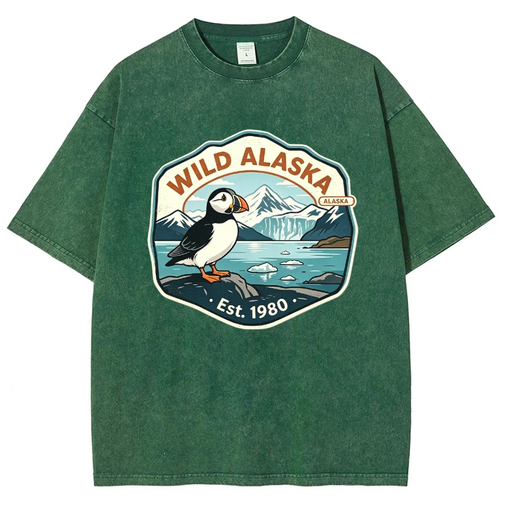 Wild Alaska Puffin Graphic T Shirt Men Women Vintage Washed Short Sleeve Casual Travel Outdoor Streetwear Tee ﻿