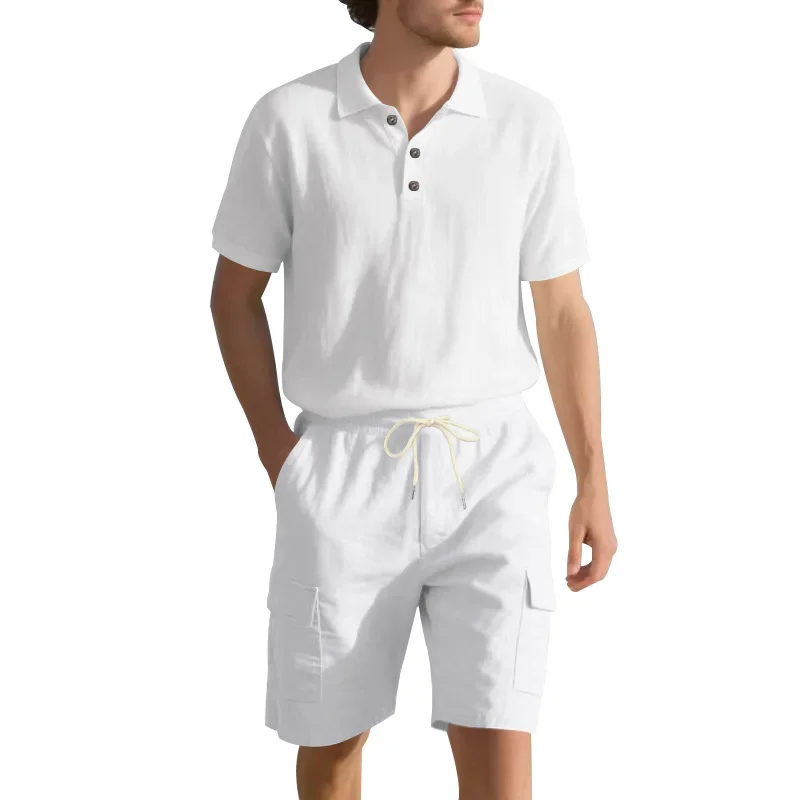 Pop New Men's Summer Suit Outdoor Hawaiian Vacation Simple Linen Breathable LoosePOLOShort Sleeve+Cargo Shorts Casual Set