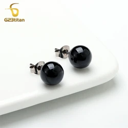 Black Agate Stone Stud Earrings for Women Mens Medical G23 Titanium Piercing Jewelry Simple Round Onyx Ball Ear Lobe Accessories