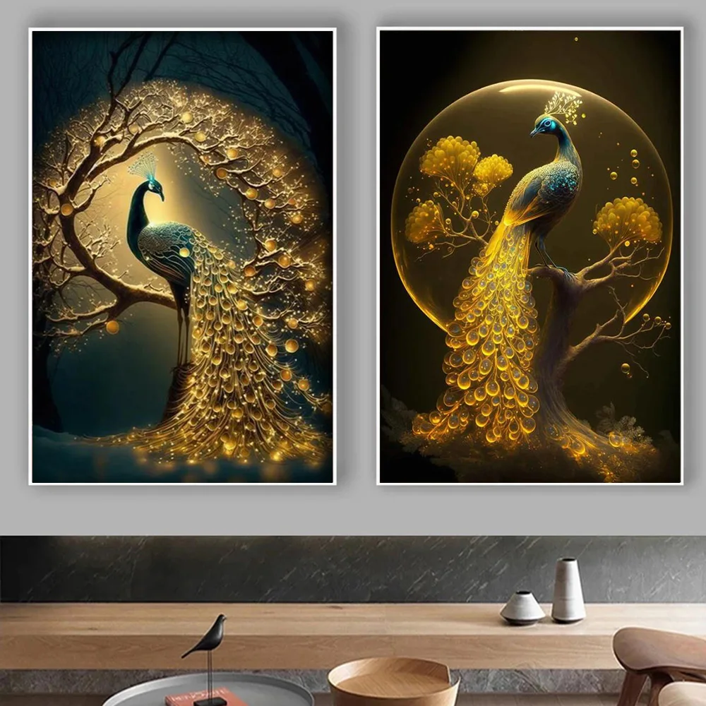 Golden Peacock Tree Canvas Painting Abstract Luxury Artwork Poster and Print Modern Living Room Bedroom Wall Home Pictures Decor