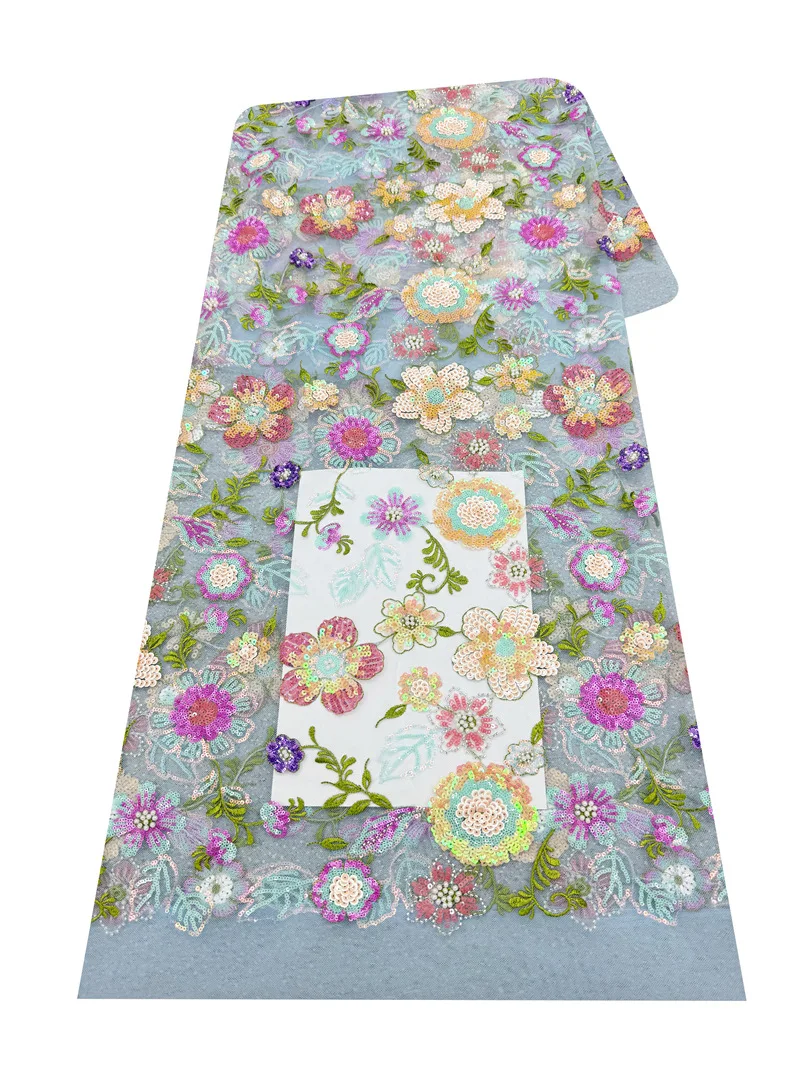 

French Style Multi-color Floral Embroidered Lace Fabric, Sequin & Beaded Material for African Wedding Dress, Qipao & DIY Sewing