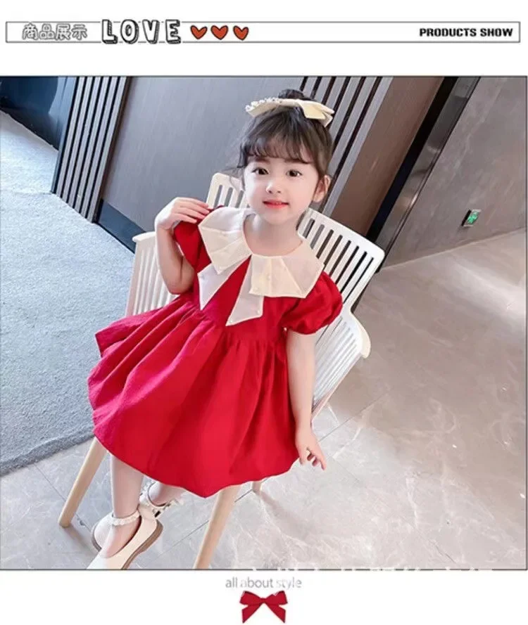 1-4YChildren\'s dress for girls 2023 summer new bubble sleeve red fashion princess dress sweet dress for baby girls