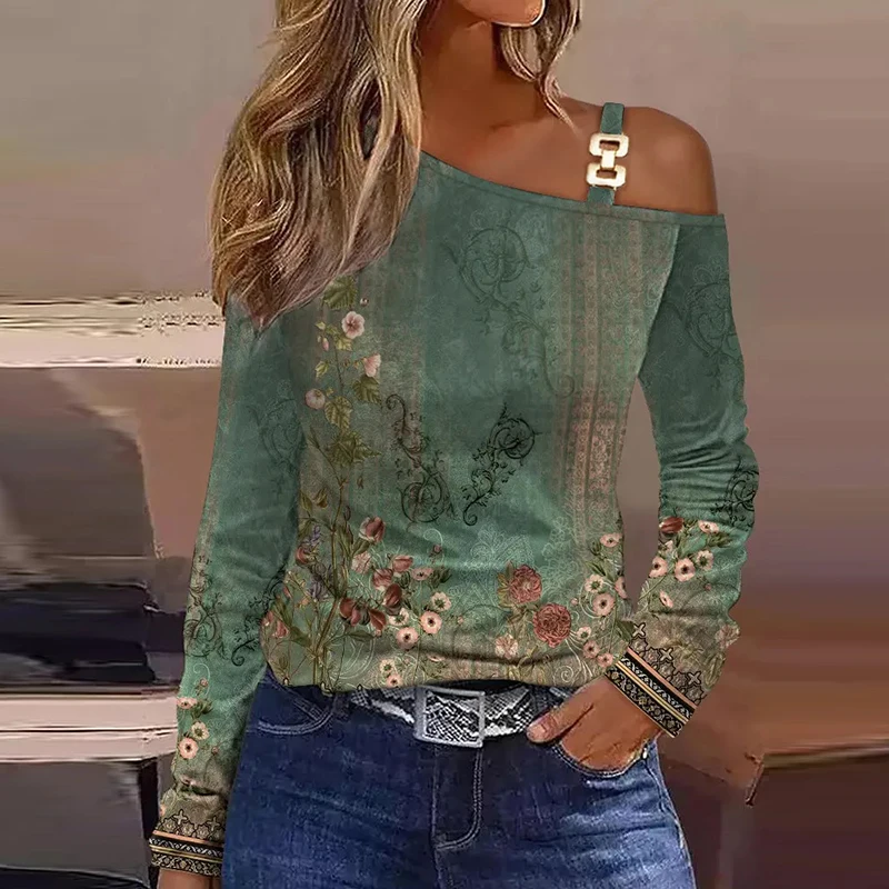 Spring Autumn Long Sleeve Off Shoulder Vintage Print Shirt Women Elegant Blouse Tops Sexy Blusas Mujer