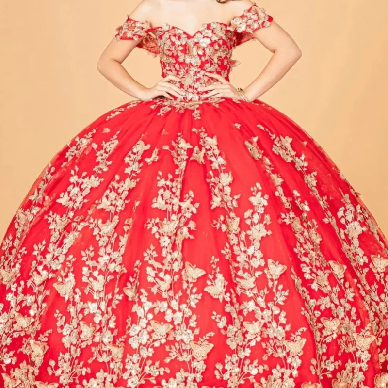 Eenvoudige rode Quinceanera-jurk off-shoulder met gouden pailletten, bloemenapplicatie en lange sleep, vestidos de 15 Quinceanera ﻿ Aanpassen