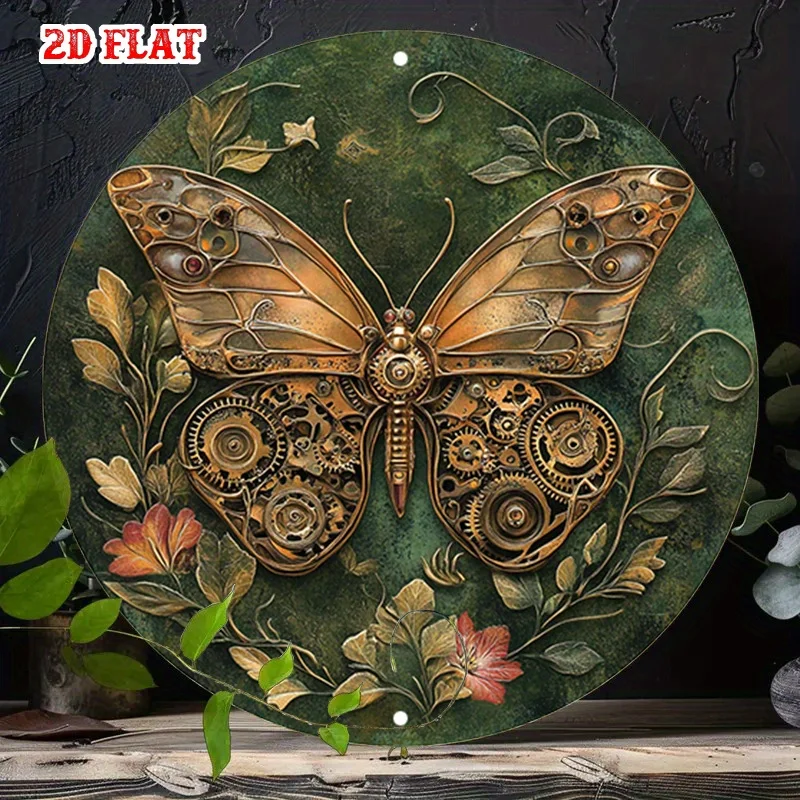 1pc round Aluminum 2D Flat Butterfly Wall Art Steampunk Style with Intricate Mechanical Floral Design for Living Room Decor