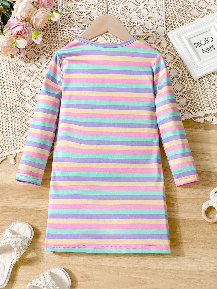 Girls Cartoon Cat Colorful Striped Print Random Print Spring and Autumn Comfortable Casual Dress