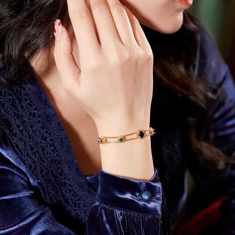 Rainbow Rainbow Color Zircon Double-Layer Bracelet Gold-Plated Western Style Retro Minority Elegant Mid-Ancient Bracelet Exquisi