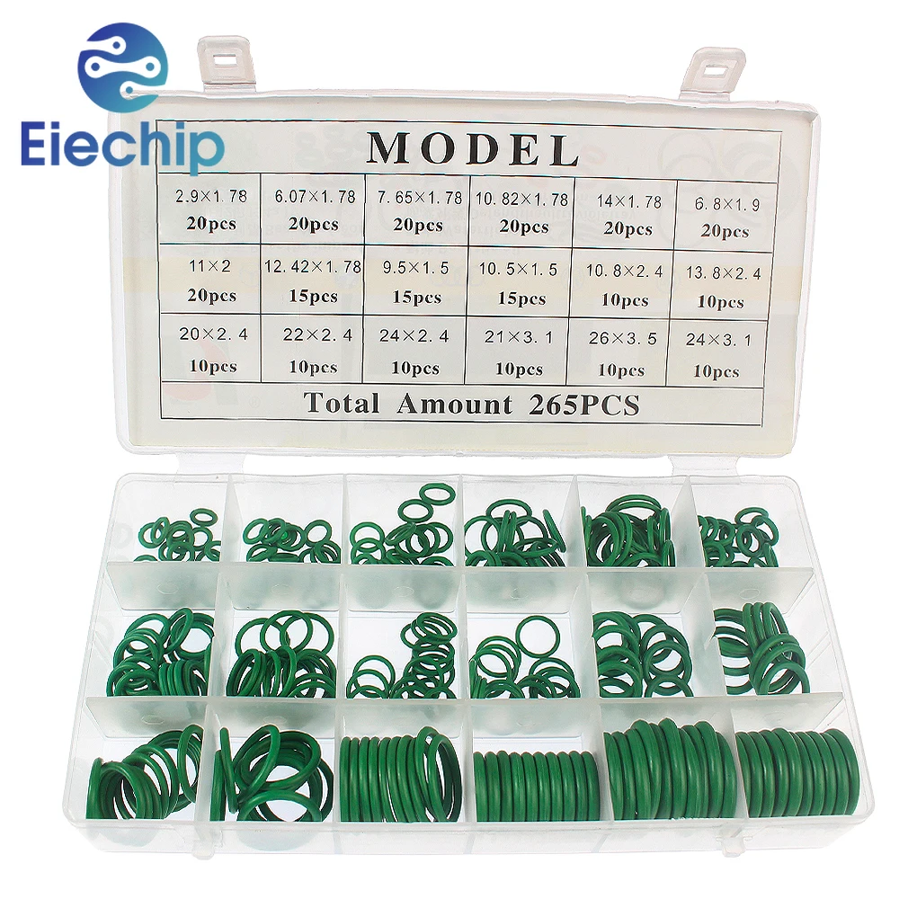 265pcs O-Ring Repair Kit, 18 Types of Durable Green Rubber Sealing Rings for Automotive Air Conditioning Compressor Complete Set