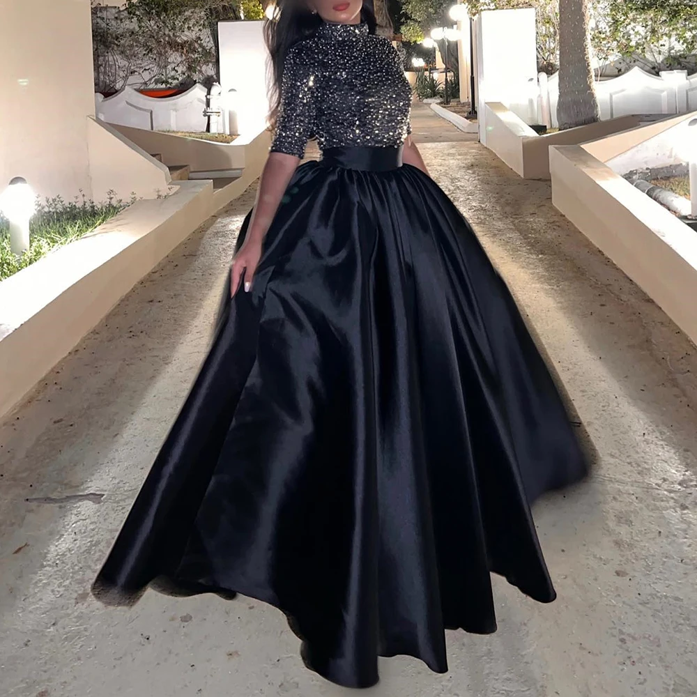 

Customized Modern A-Line Floor Length High Collar Jersey Half Sleeves Crystal Pleats Evening Dress Elegant vestidos pa