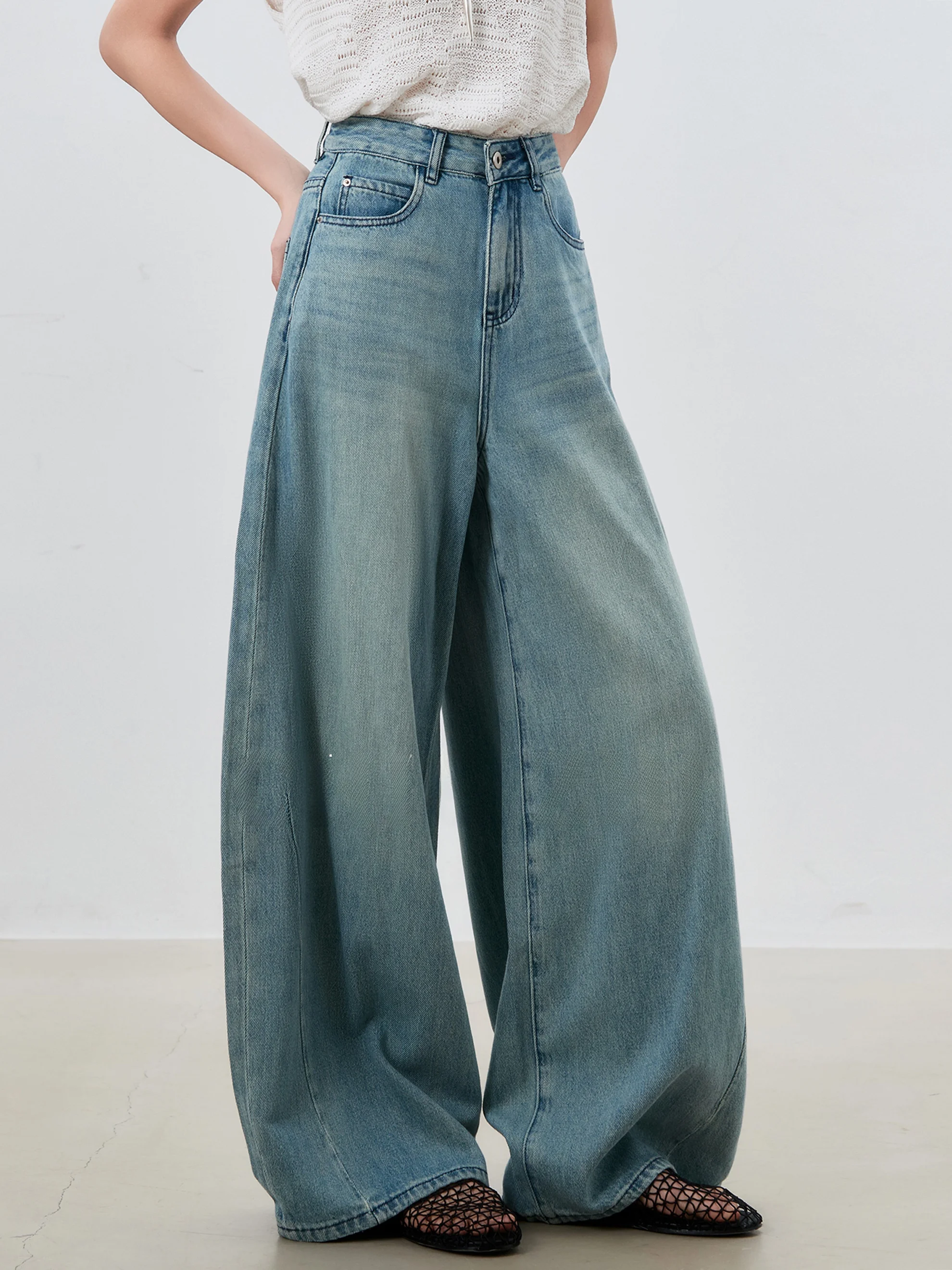 

High Waist Wide Leg Denim Jeans Women's Cotton Draping Lazy Floor-Length Pants Gradient Blue Chic Zhi Brand