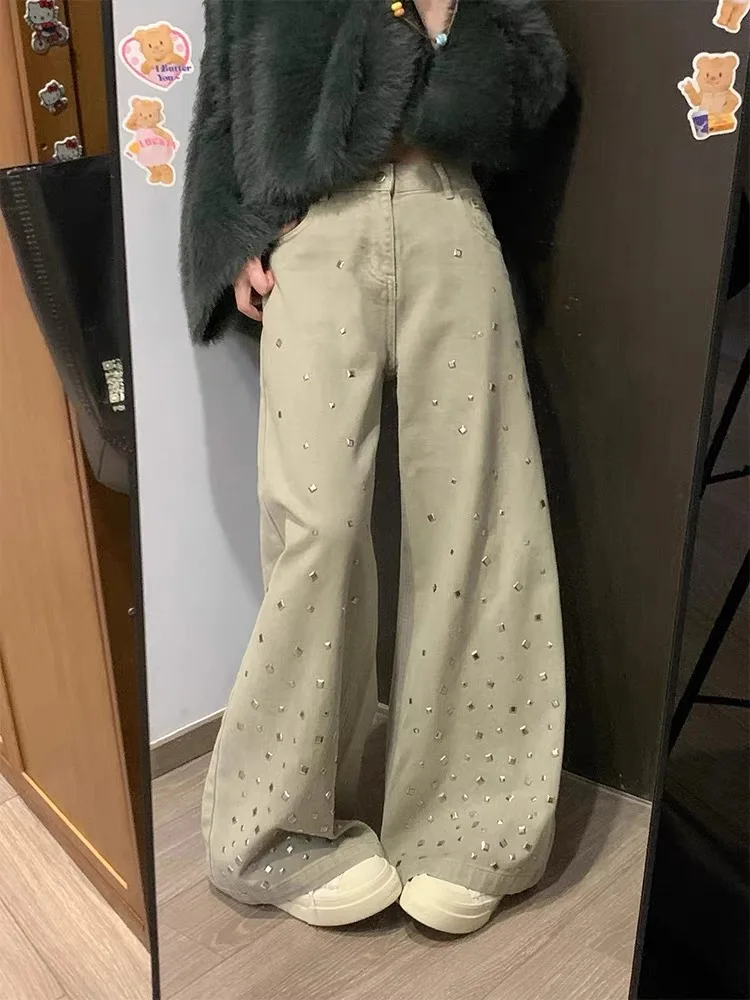 

Women Y2K High Waist Jeans Straight Leg Loose Wide Leg Pants Design Sense Heavy Industry Hot Stamping Diamond Autumn New Style