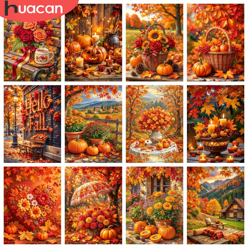 HUACAN Diamond Mosaic 5d Pumpkin Halloween Landscape Diy Diamond Painting Autumn Forest Sunflowwer Fall Home Deor Rhinestones