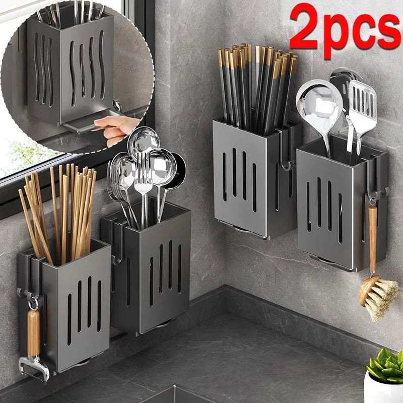 

Multifunctional Kitchen Utensil Rack Chopstick Draining Holder Wall-Mounted Freestanding Cutlery Tableware Organizer Box Sieve
