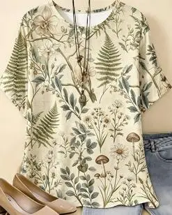 Women Cardinal Red Bird Floral Branch Print T‑Shirt Wild Berry Flower O‑Neck Short Sleeve Casual Tops