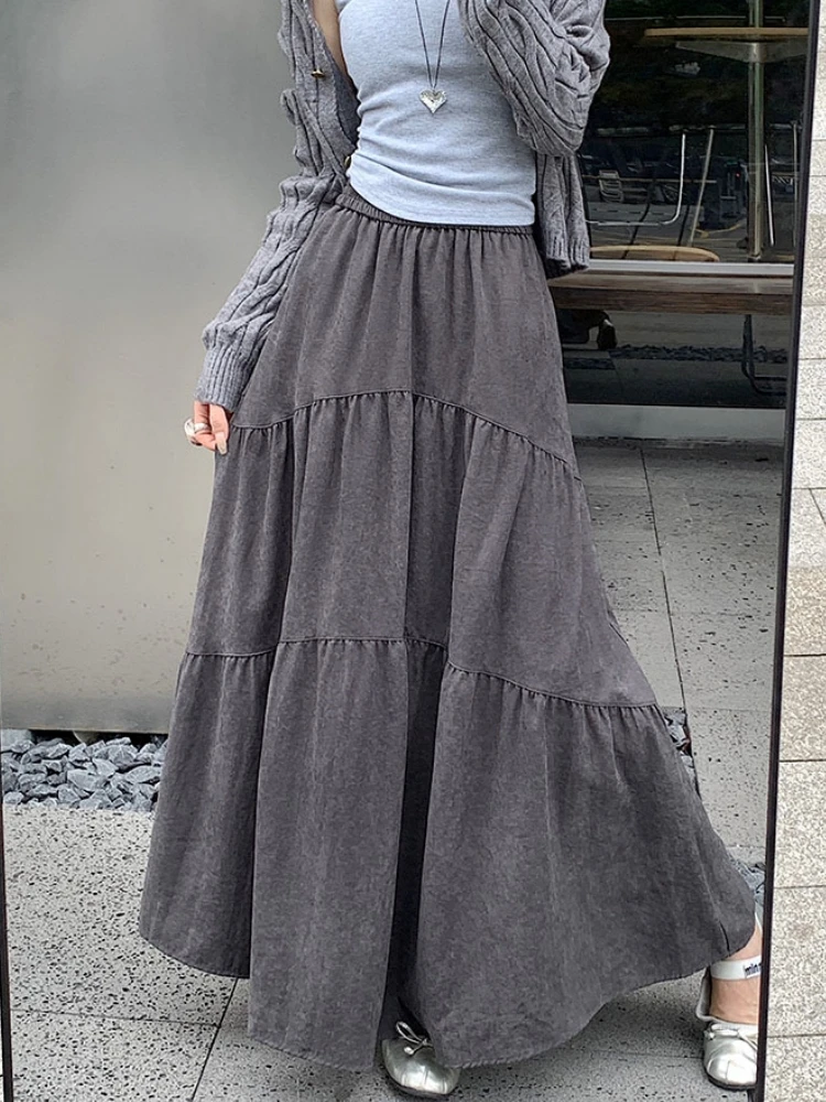 Qiukichonson Grey Maxi Long Skirt Women 2024 Korean Fashion Autumn Winter Casual High Waisted Ruffle Pleated Skirts 90cm rok