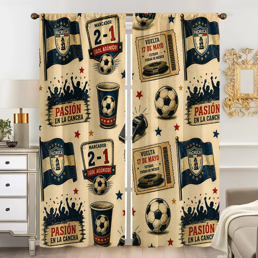 2PCS Curtains, Vintage Distressed Pachuca Football Seamless Print with Team Flag, Match Score Tag, Game Ticket, Soccer Ball, Che