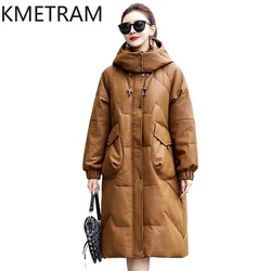 100% Sheepskin Genuine Leather Puffer Jacket Women Clothing Long Down Coats with Hood 2024 Winter Loose Jackets Пуховик Женский