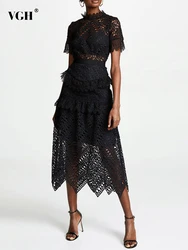 VGH Vintage Lace Irregular Dresses For Women Stand Collar Short Sleeve High Waist Spliced Ruffles Sexy Sheer Folds Dress Female