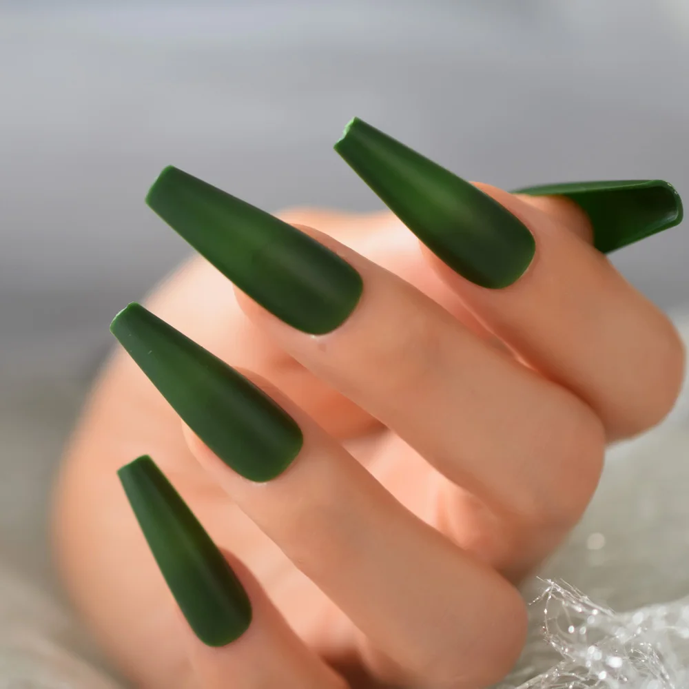 24 pçs/set dicas de unhas falsas fosco cobertura completa super longo ballet unhas falsas verde oliva ferramentas manicure francesa 1 folha cola adesivo