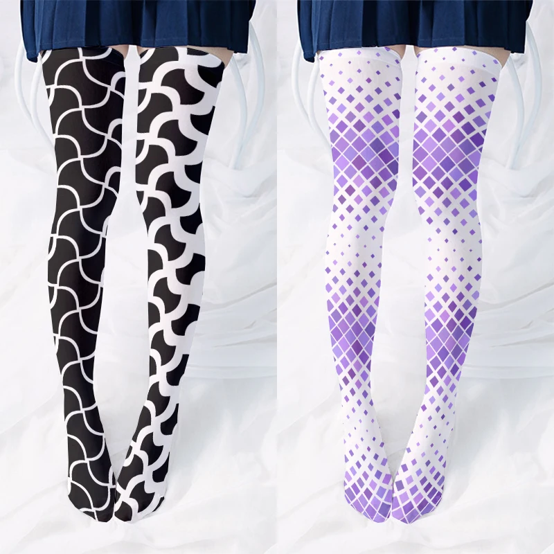 Simple Diamond-Shaped Grid Ladies Knee Stockings 3D Printing Fashion All-match Sexy Long Socks Pink Purple Girl Sweet Stockings