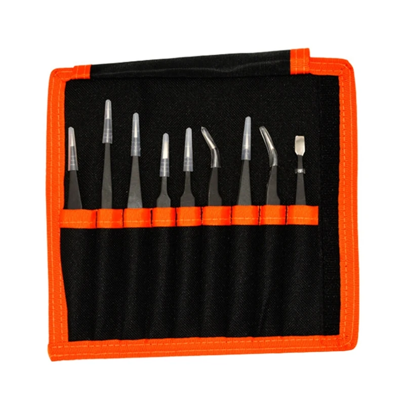 E5BE 9-Piece Professional Precision Anti-Static Tweezers Stainless Steel ESD Tool Kit for Electronics Perfect for Jewellery