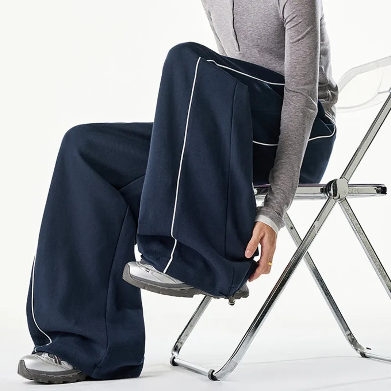 LUZHEN 2026 New Stripe Outline Splicing Drawstring Elastic Waist Straight Sports Pants Men's Fashion Wide Leg Trousers JY8346