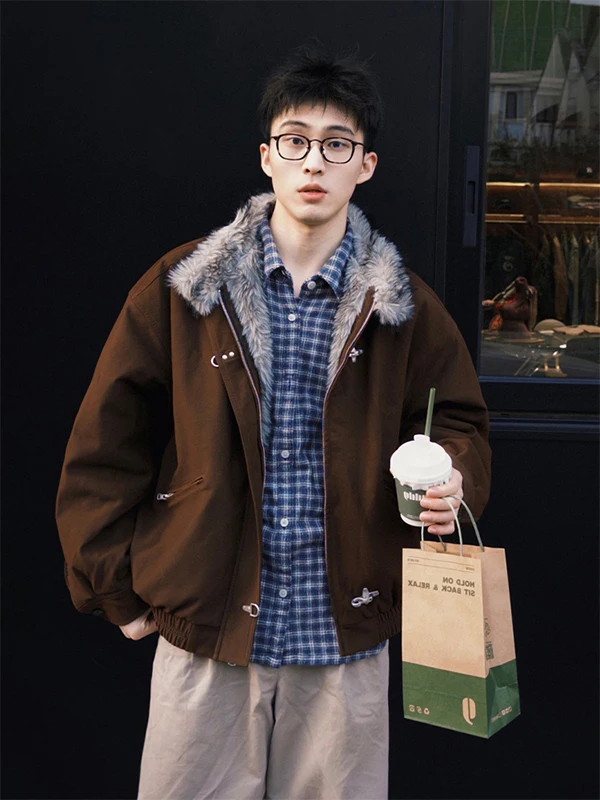 

Retro American Sle Men's ort Jaet Fake Fur Collar Cotton Coat Warm Outerwear Cleanfit Polyester Fiber Long Sve