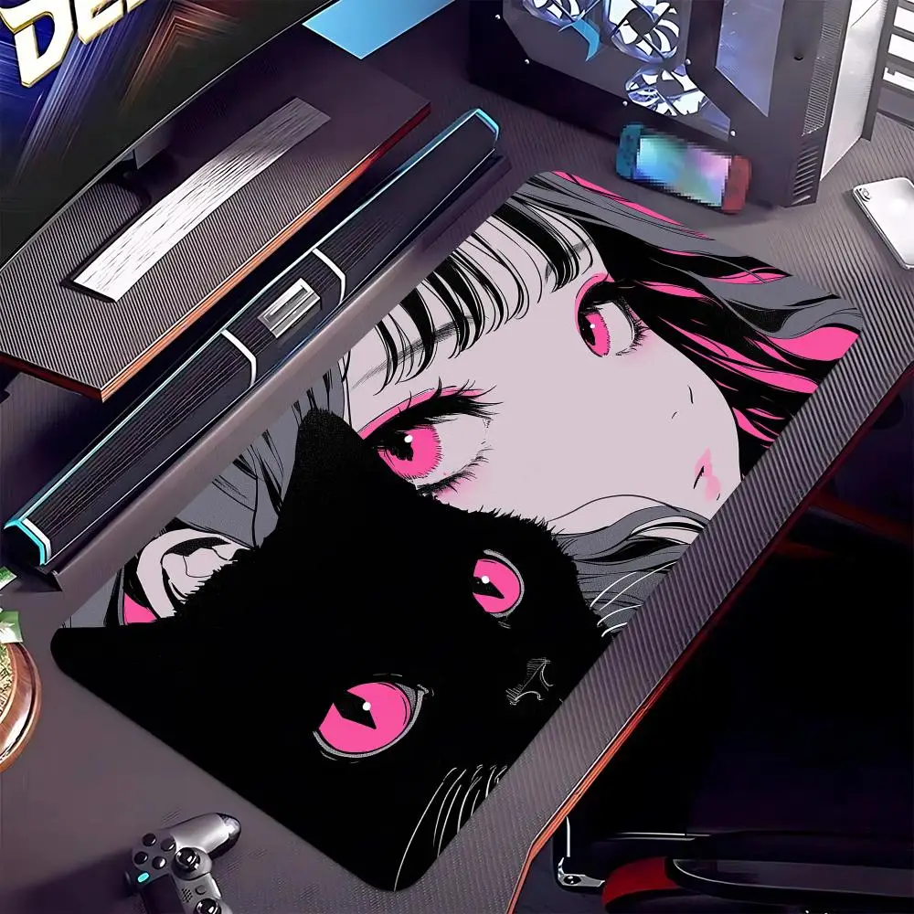 

Коврик для мыши в стиле аниме «Девушка с котом», большой коврик для компьютерной офисной игры, настольные коврики XL, резиновые противоскользящие коврики для игровой клавиатуры, длинные настольные коврики