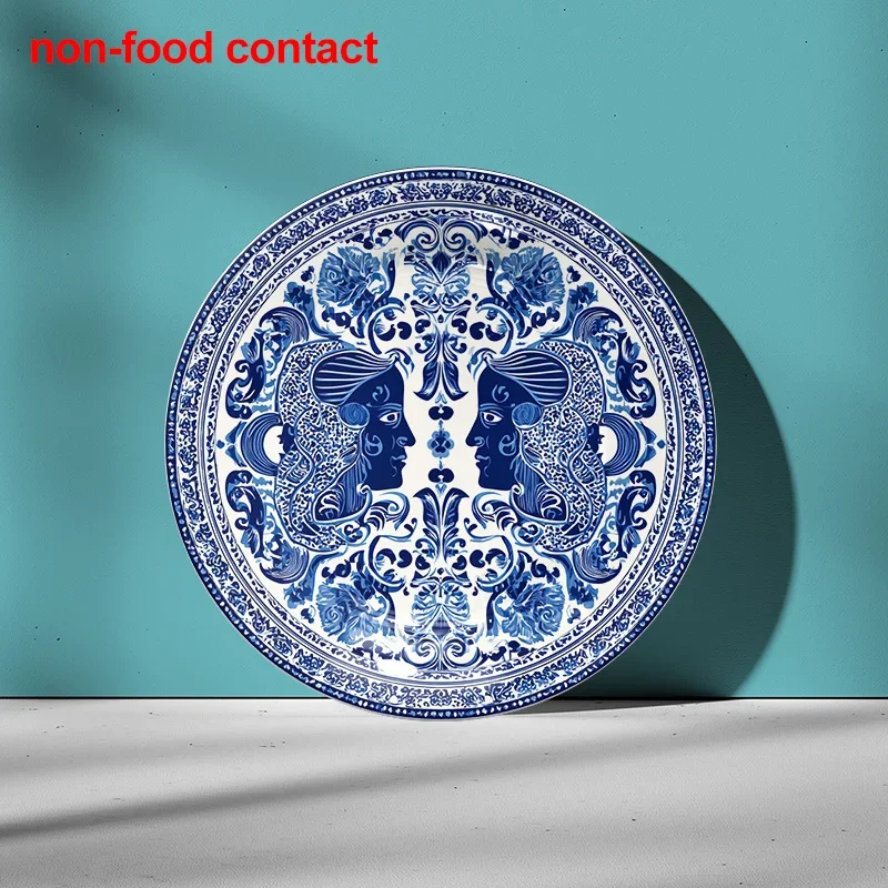 1pc Vintage Blue and White Ceramic Wall Hanging Plate - Elegant Floral & Face Art Decor, 8-Inch Round Non-Food Contact Jewelry