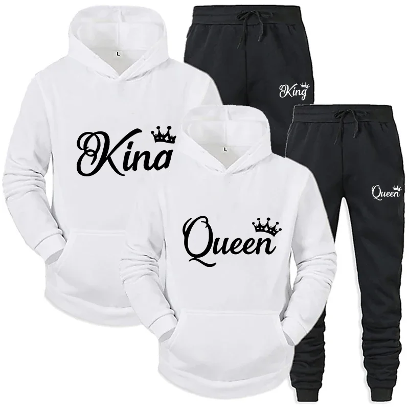 

Fashion KING and QUEEN Printed Hooded Suits Autumn Winter Couple Hoodie + Pants 2-piece Suit
