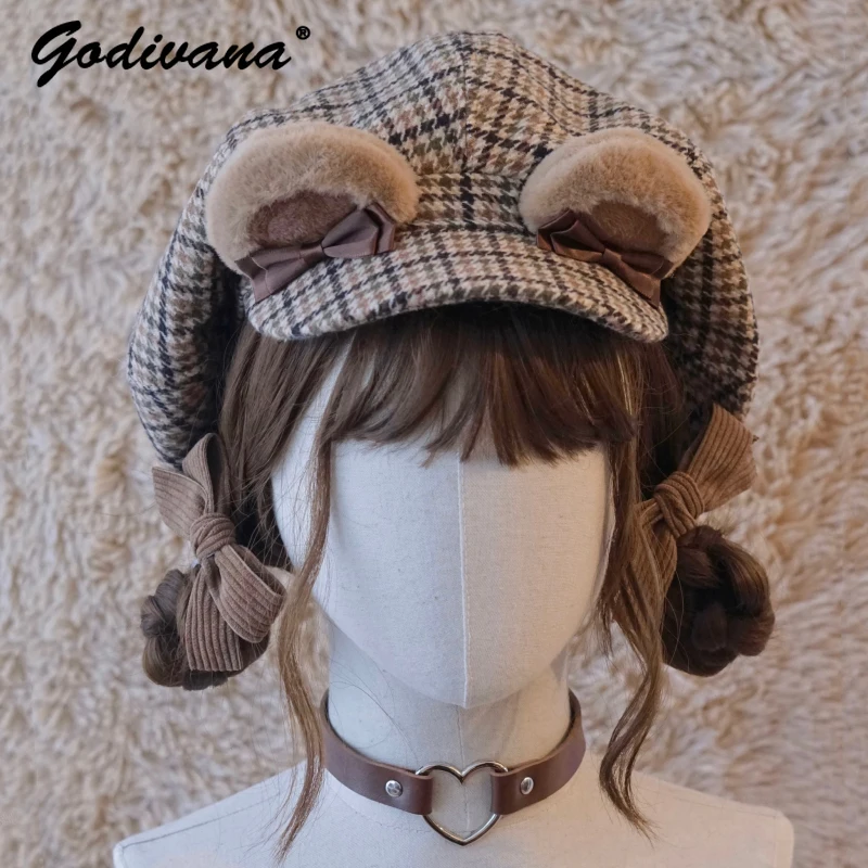 

Handmade Bear Ears Plaid Brown Cloud Hat Octagonal Hat Metal Buckle Beret Sweet Cool Y2K Subculture Love Pin Corduroy Beret