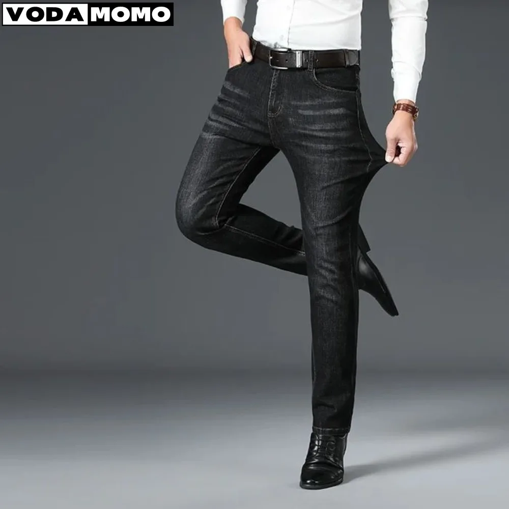 

2024 Autumn Winter Business and Leisure Men's Classic Relaxed Fit Flex Jean High Waist Classic Black Blue Denim Trousers Men's