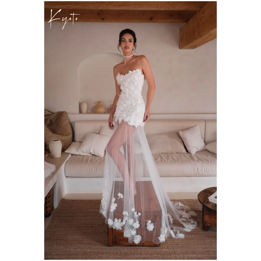 

Kyoto Customized Straight Neckline Glitter Pearl Wedding Dress Sleeveless Illusion Applique فستان زفاف Sweep TrainAbito da sposa