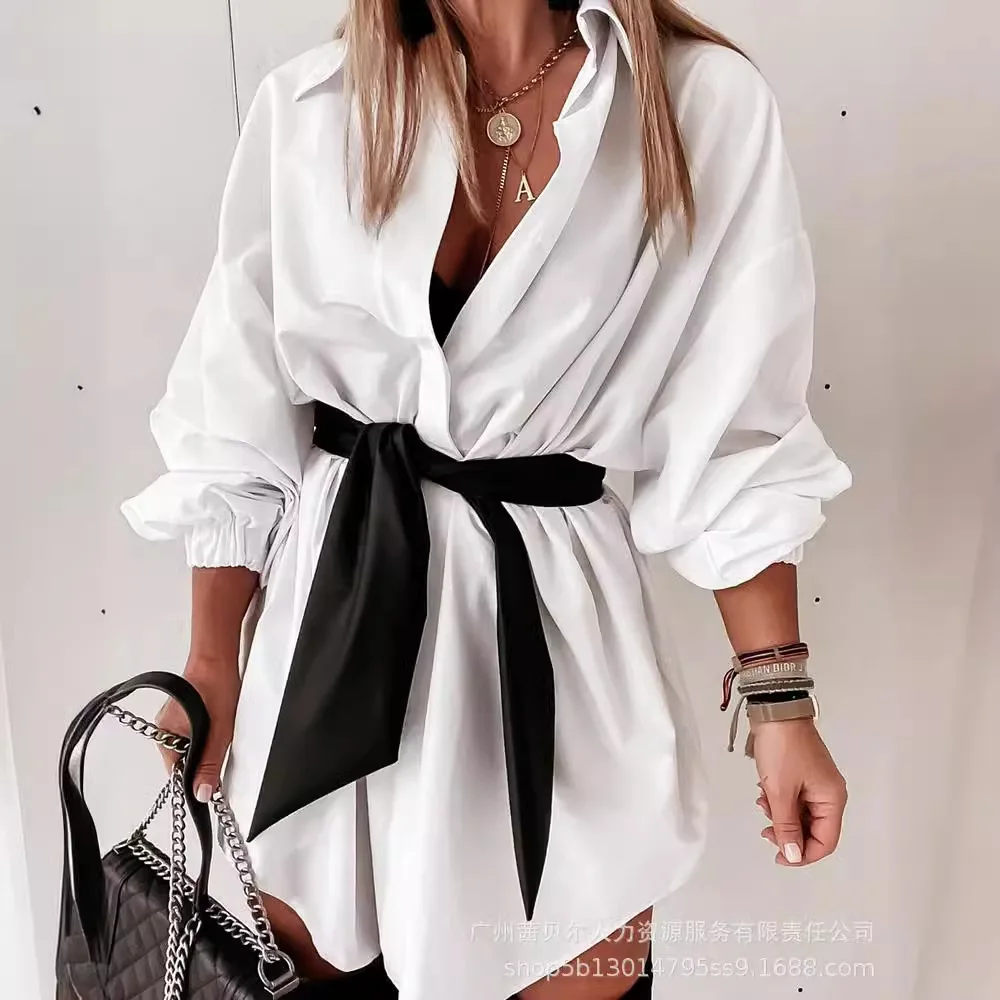 Mandylandy Printed Long-sleeved Shirt Dress Women Single Breasted Loose Mini Shirt Dresses with Belt Summer Casual Sexy Dress