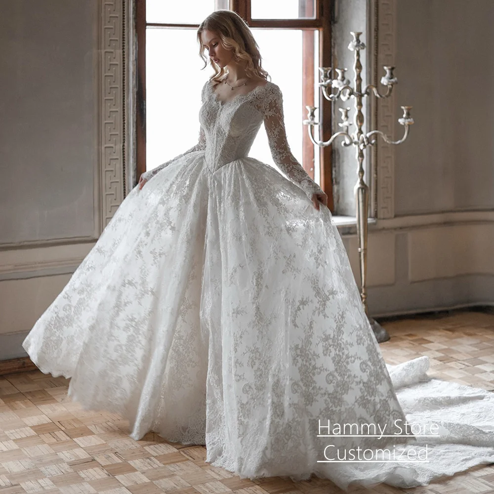 

Gorgeous Lace Wedding Dresses Customized V Neck Long Sleeves Back Zipper Buttons Court Train Woman Bride Bridal Gown