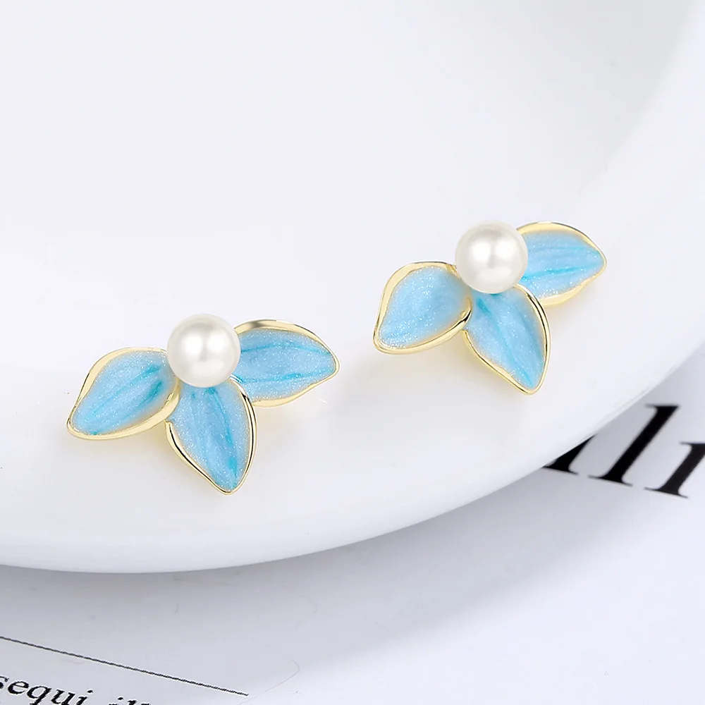 

925 Sterling Silver Green Petals Pearl Ear Piercing Stud Earrings For Women Wedding Jewelry Wholesale ​ Money 925