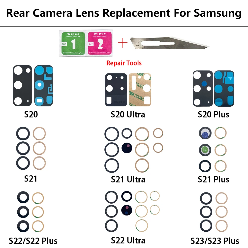 Obiettivo in vetro per fotocamera posteriore posteriore per Samsung S20 S21 S22 S23 S24 Plus vetro per fotocamera Ultra FE 5G con adesivo