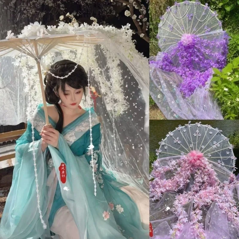 Hanfu Flower‑Adorned Silk Parasol Aesthetic Handheld Floral Umbrella Photo Shooting Dance Catwalk Prop Elegant Lolita Accessory