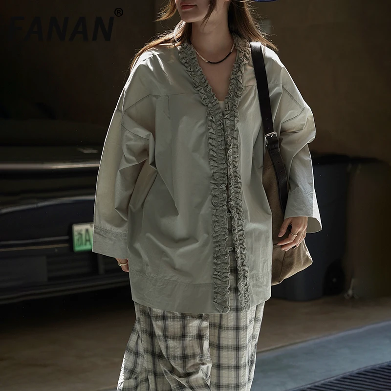 

FANAN Elegant Fungus Design Shirts Women's V Neck Single Breasted Long Sleeve Loose Blouses Female Tops Fashion 2025 Autumn New