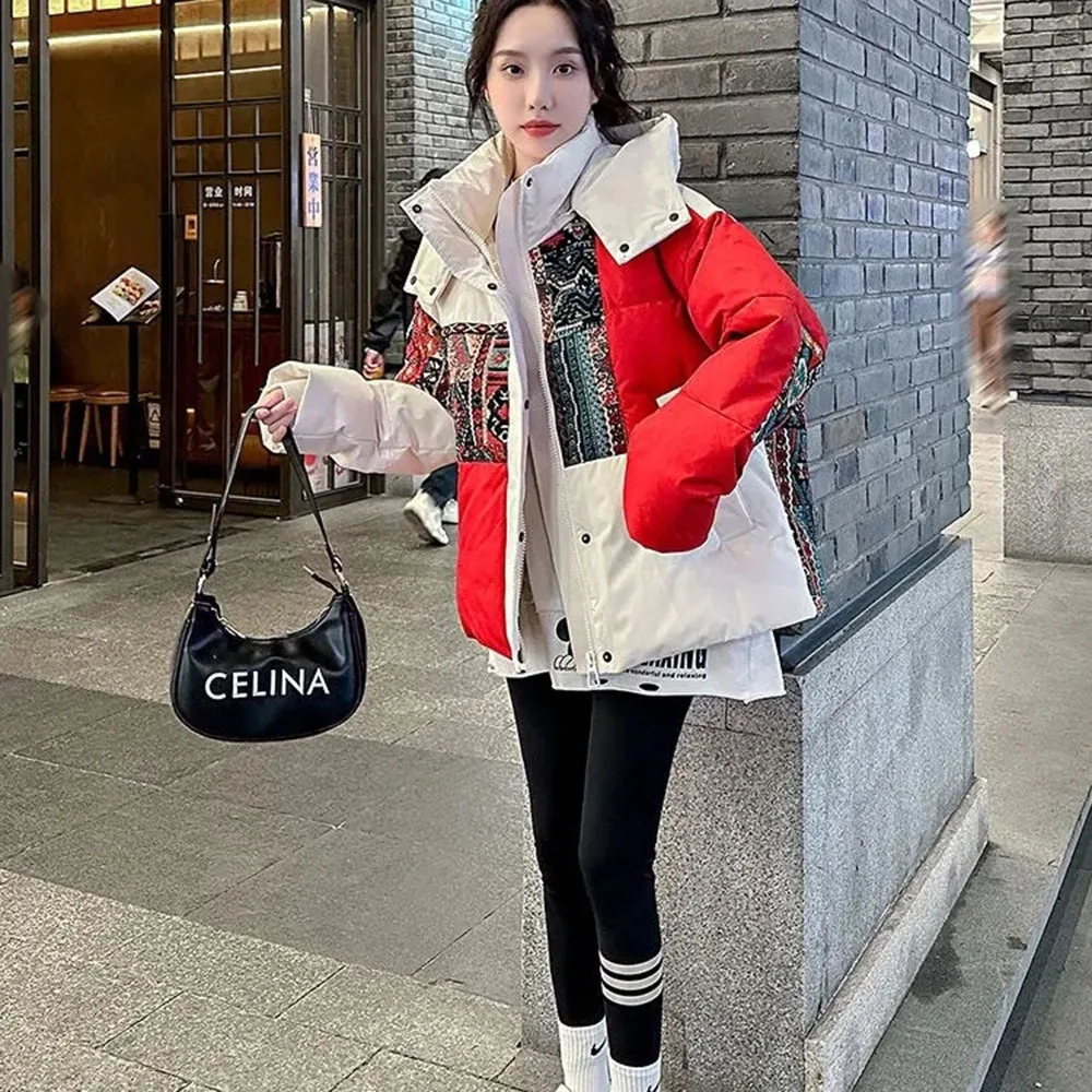 Fashion Boho Print Splice Women Parka Winter Hooded Short Down Jacket for Women Cotton Coat Windproof Warm Loose Popular Outwear