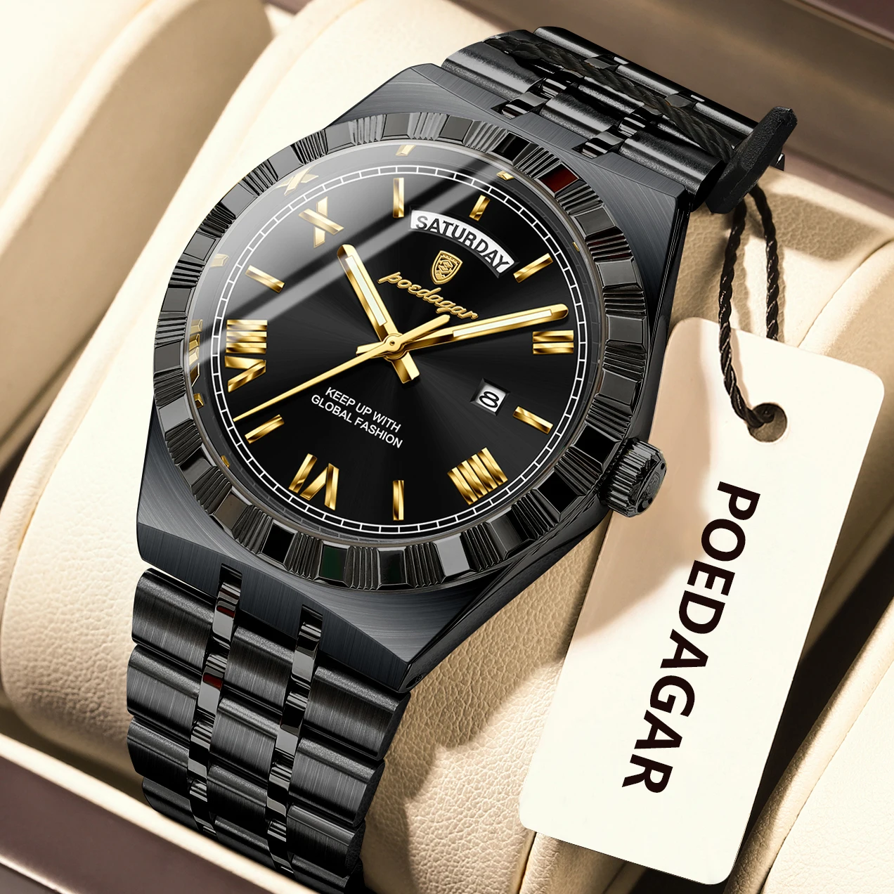 Poedagar esportes masculino relógio de pulso semana data aço inoxidável casual homem relógio luminoso à prova dwaterproof água quartzo moda relógios masculinos reloj