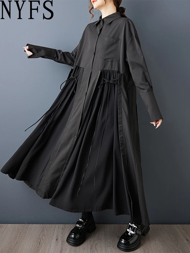NYFS losse plus size vintage onregelmatige overhemdjurk herfst 2025, damesgewaad met enkele rij knopen en lange mouwen